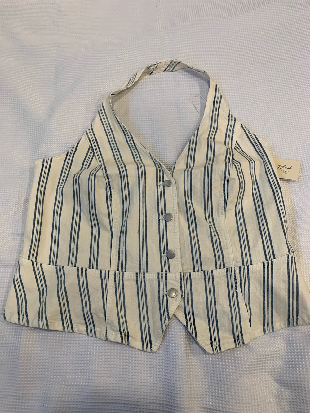 Striped Halter Button-Front Crop Top - Blue & White boho retro grunge